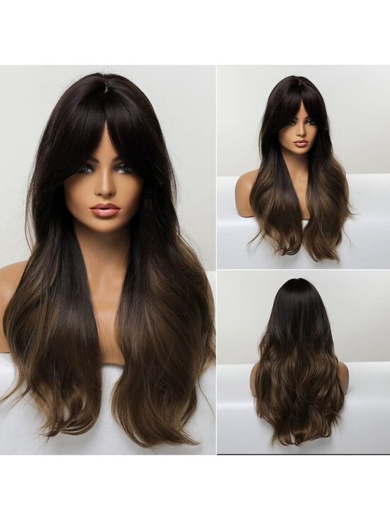 Women Ombre Dark Brown Heat Resistant Long Curly Shoulder Length Synthetic Wigs main image 6